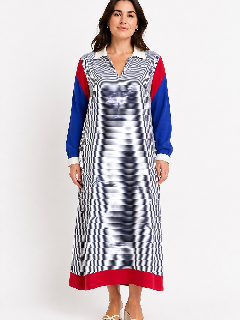 Vintage Jack Mulqueen 100% Silk Colorblock Nautical Midi Dress size 12